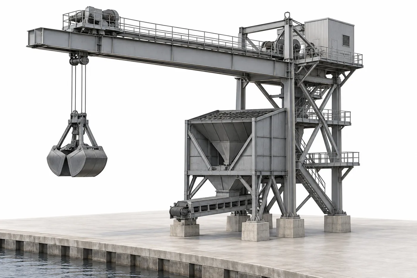 McNally Wellman Fixed grab ship unloader – Descargador de buques móvil sobre raíles con cuchara de almeja (2)