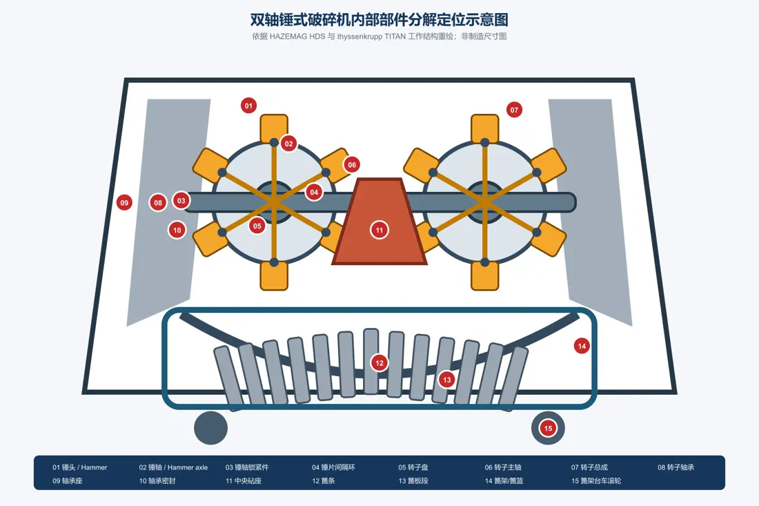 Trituradora de martillos de doble eje: diagrama de ubicación de piezas despiezadas